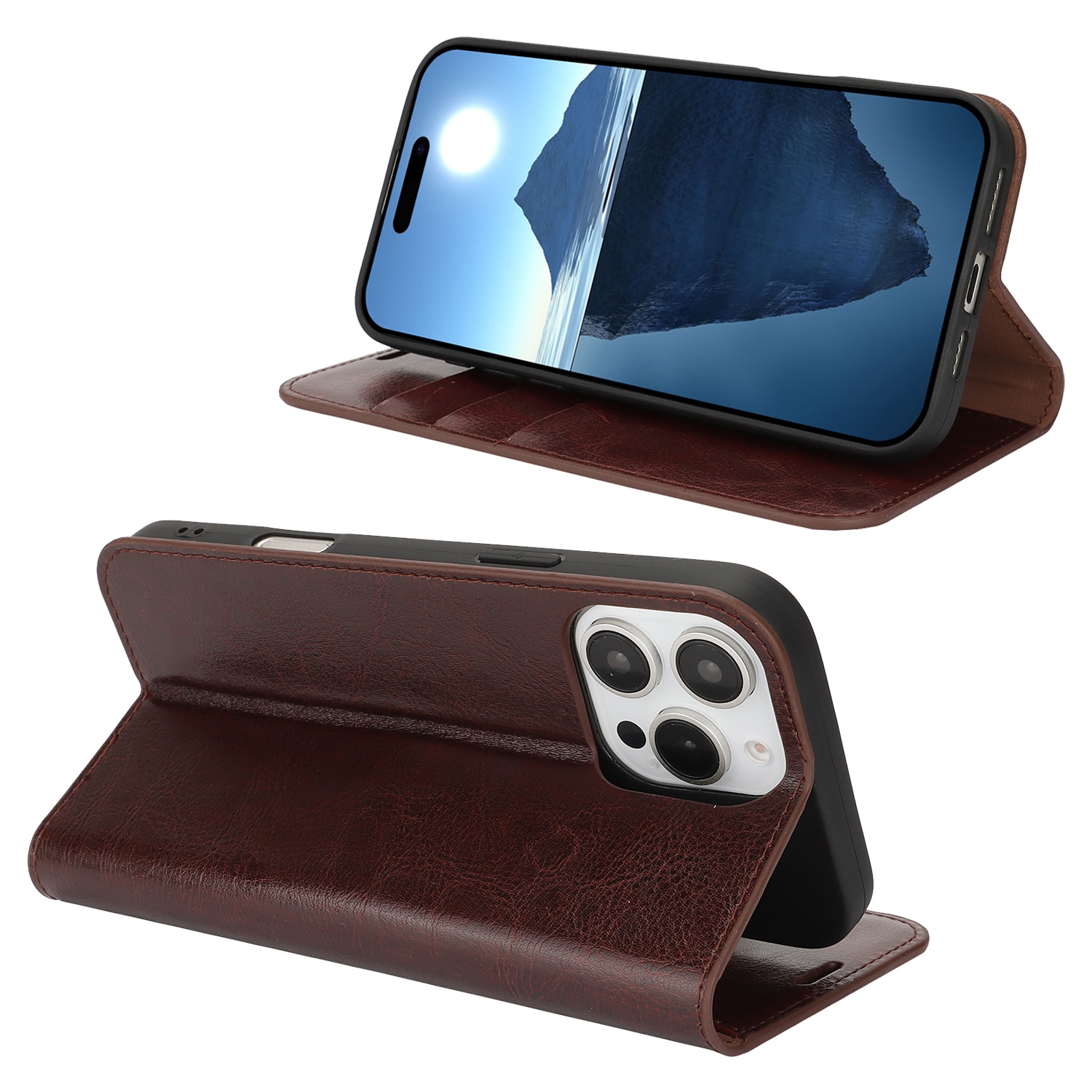 iPhone 16 Pro Handytasche aus Echtem Leder Dunkelbraun