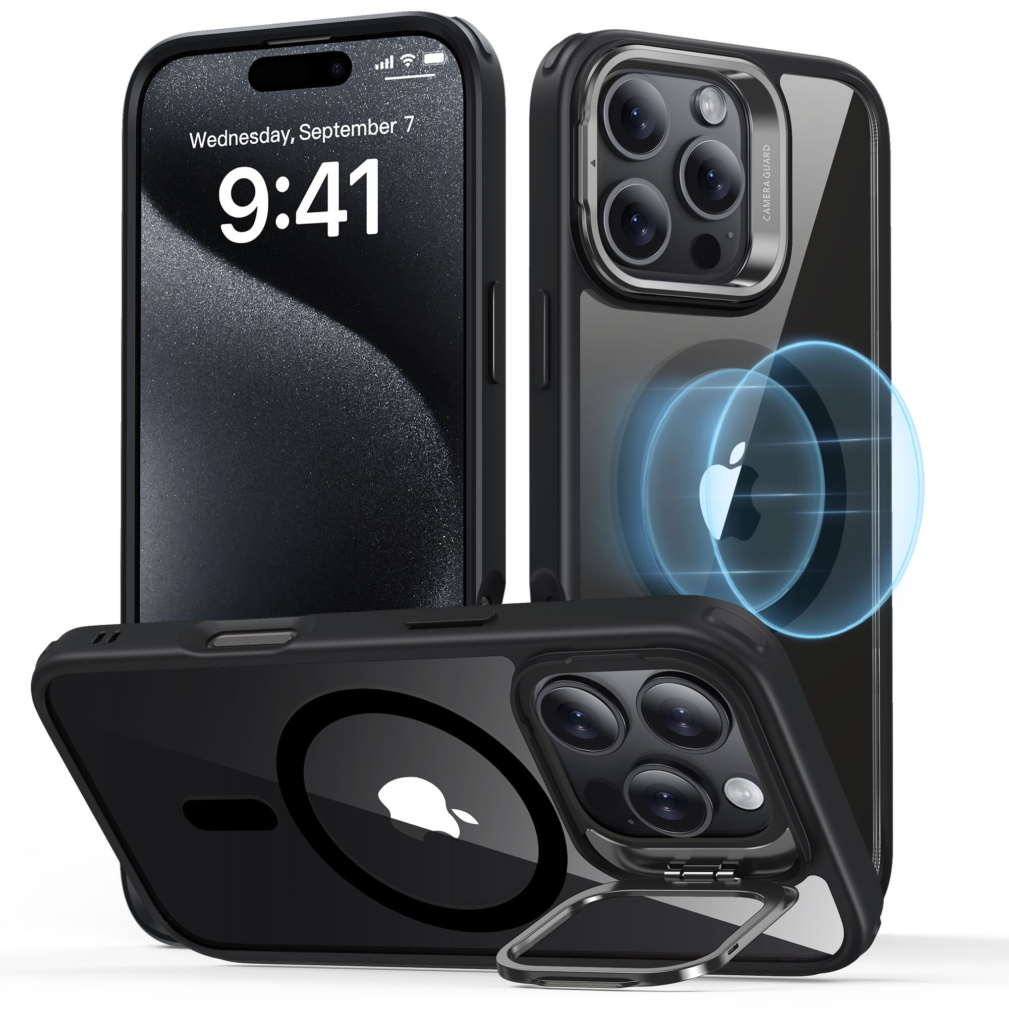 Classic Kickstand HaloLock MagSafe iPhone 16 Pro Schwarz/Durchsichtig